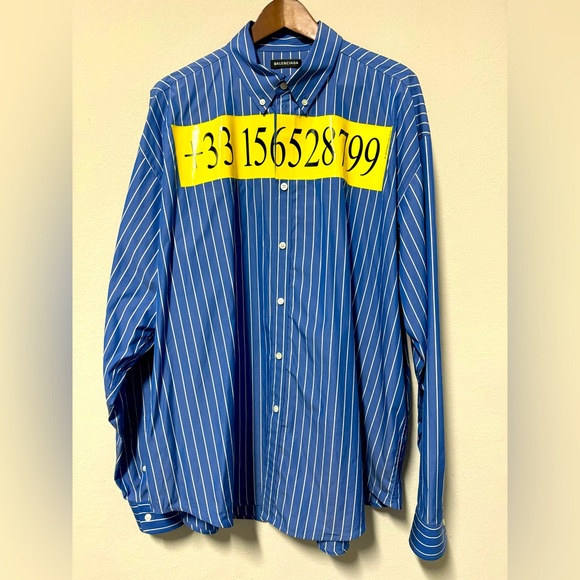 Balenciaga Men's Blue Hotline Number Shirts Button Ups Stripe